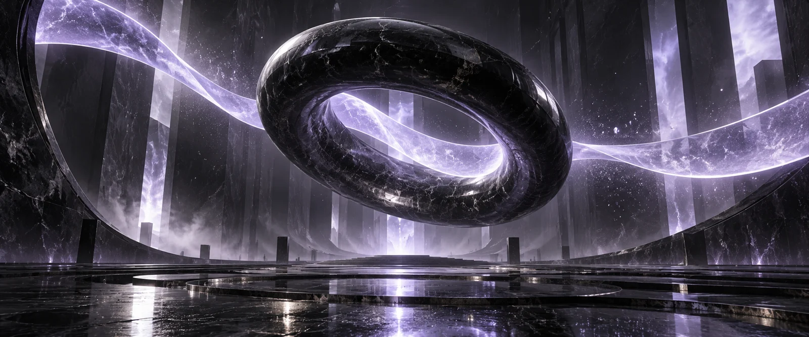 Conceptual dark sculptural ring with a ribbon of lavender light in an imagined cinematic space